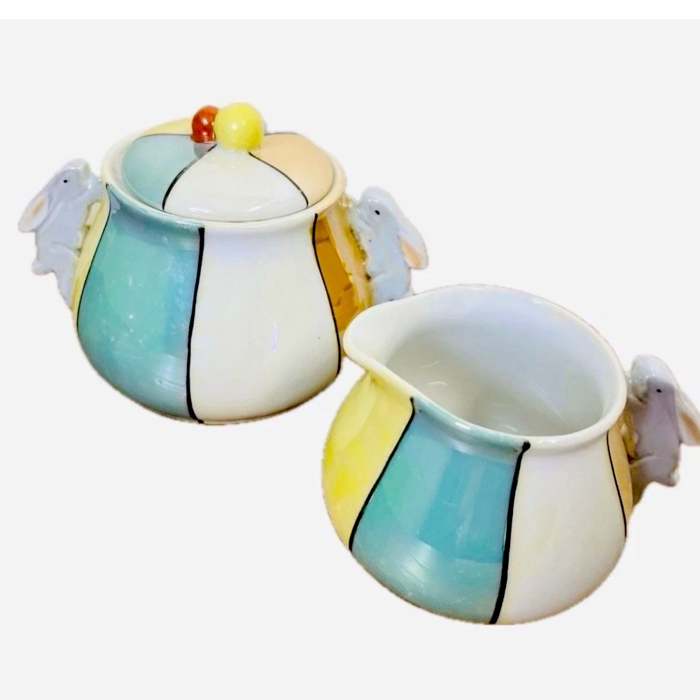 Vintage Japanese Lusterware Creamer & Sugar Wth Rabbit Handle Pastel/Harlequin